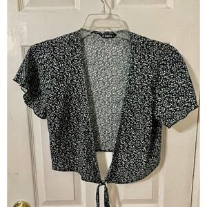 SHEIN Green White Floral Print Wrap Top Flutter Sleeve Tie Hem Cropped Small